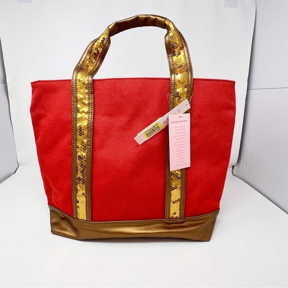 Gianni Bini Orange canvas tote with gold tone sequins handles new with t…